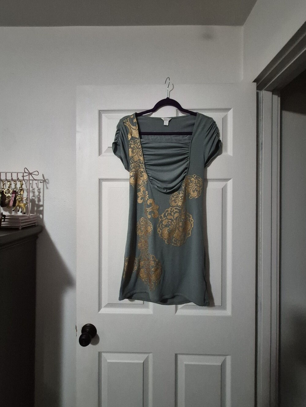 Dereon Sage Green Short Sleeve Dress with Gold Floral Print